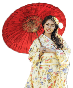 Kimono Frau in Gelb mit Rotem Schirm für Kimono Fakten