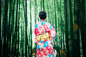 Frau im Kimono im Bambuswald