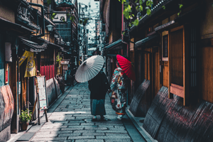 Kimono Pflege - Grau Rote Schirme