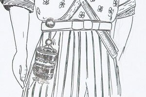 Netsukes Zeichnung - Mann mit Kimono und Obi an dem ein Netsuke hängt.