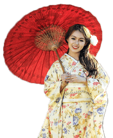 Kimono Frau in Gelb mit Rotem Schirm