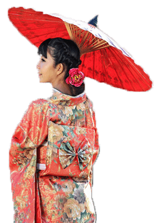 Kimono Frau in Pink mit Rotem Schirm